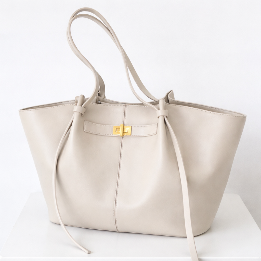 Mila Long Strap Tote Bag in light beige with long straps and gold accents, perfect for everyday use.
