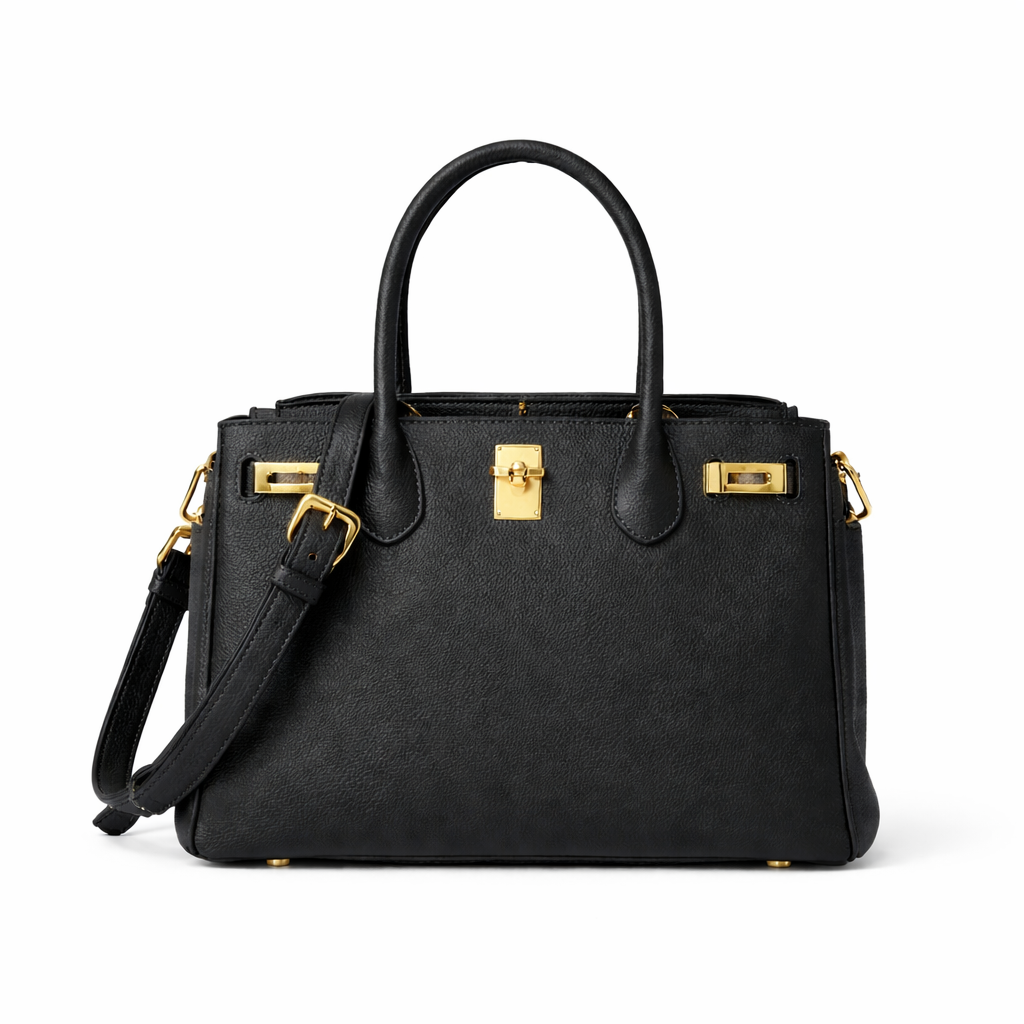 Black structured handbag with front lock detail