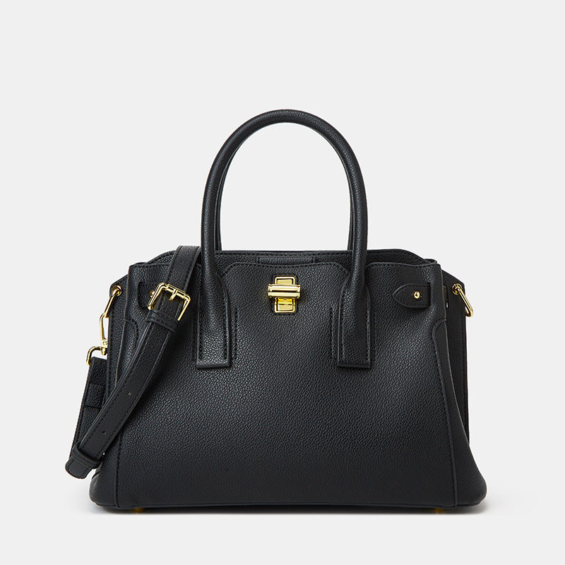 Black structured medium top handle bag with gold lock