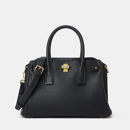 Black structured medium top handle bag with gold lock
