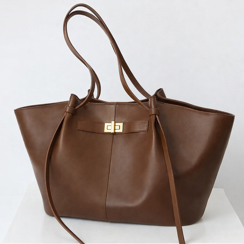 Mila Long Strap Tote Bag in brown with structured silhouette and long shoulder straps.