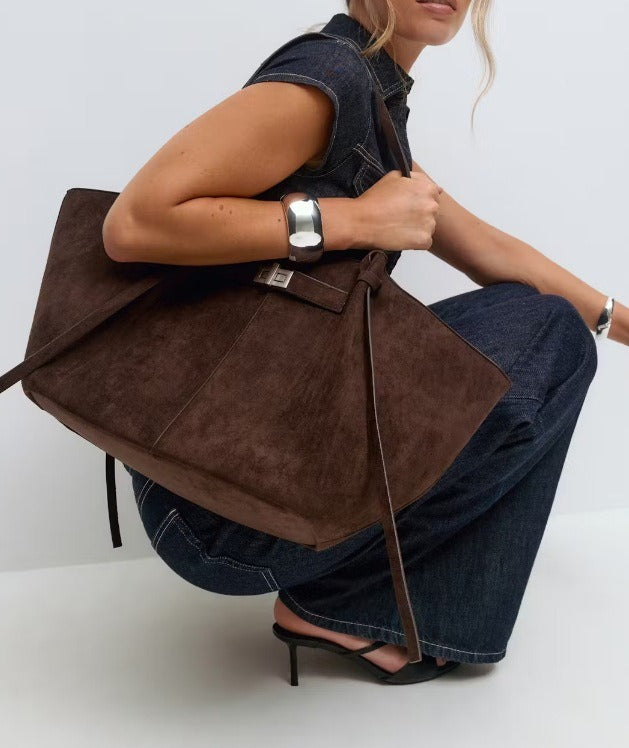 Mila Long Strap Tote Bag shown in brown suede, perfect for women seeking elegance and functionality.