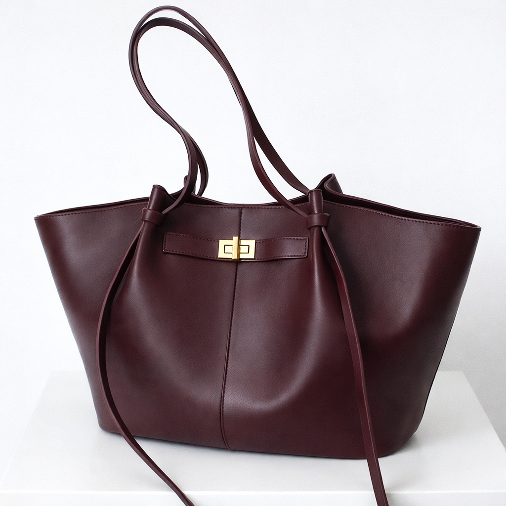Mila Long Strap Tote Bag with structured silhouette and long shoulder straps in burgundy color.