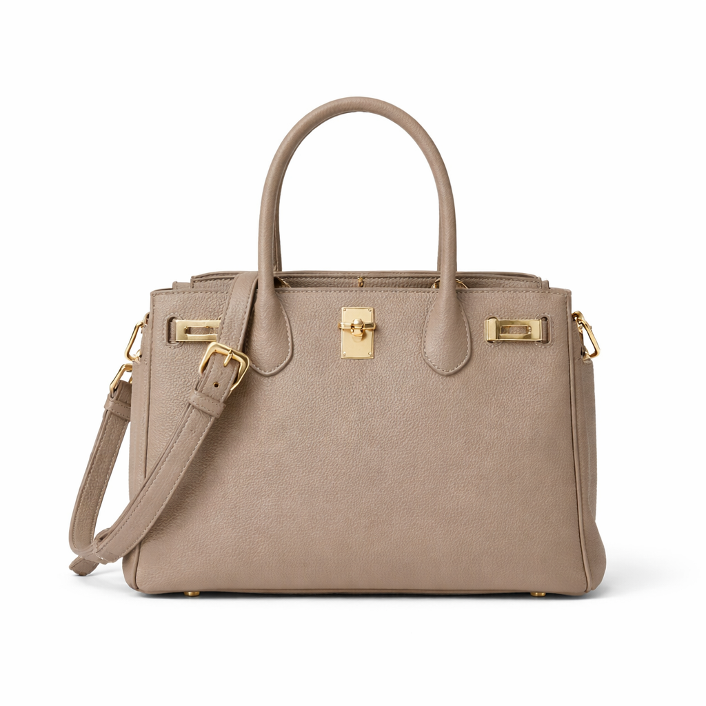 Khaki structured handbag with front lock detail