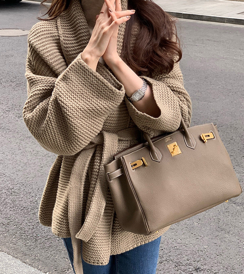 Khaki structured handbag with front lock detail