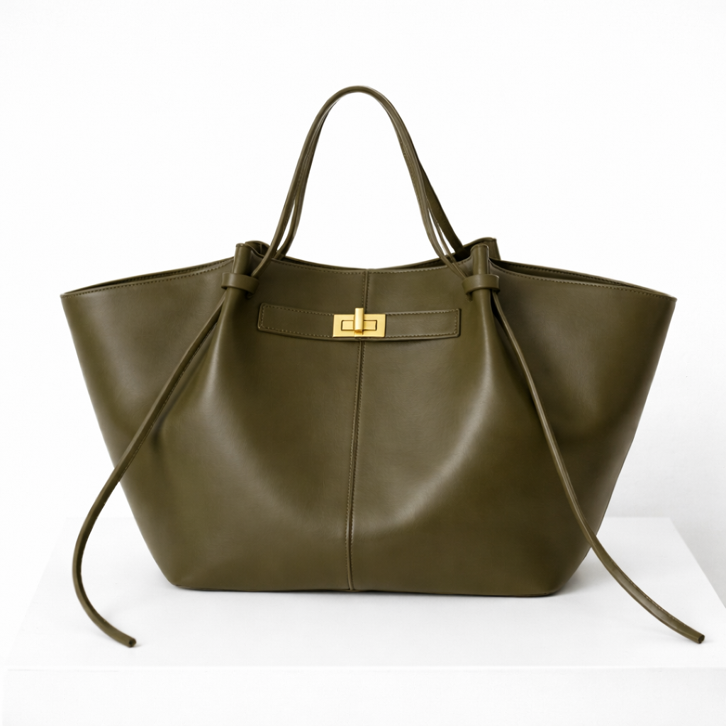 Mila Long Strap Tote Bag in olive green leather with structured silhouette and long straps for comfort.